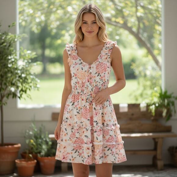No Boundaries Dresses & Skirts - No Boundaries Mini Dress Size XS Cream Pink Floral Stretch Ruffles Smocked Waist